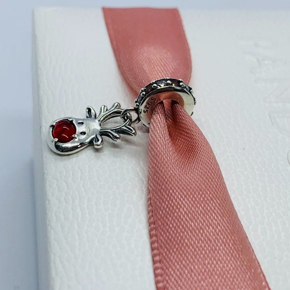 Pandora Red Nose Reindeer Murano Dangle Charm "Let your light shine" Pendant - Picture 4 of 10